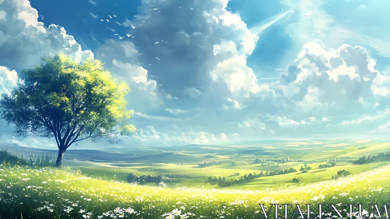 Digital landscape shows lone tree, clouds and open fields