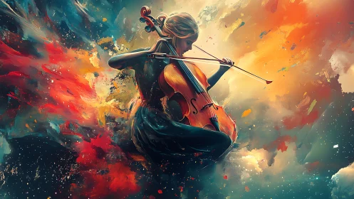 Cellist plays amid swirling cosmic abstract color storm.