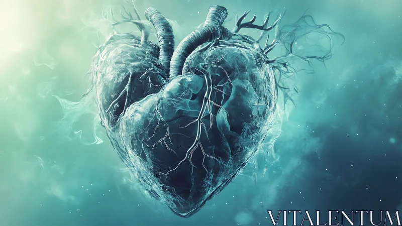 Translucent anatomical heart rendered in teal digital mist
