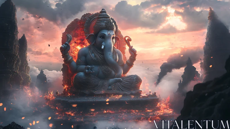 Elephant-headed stone deity amid burning temple ruins.