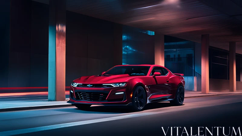 Red sports coupe parked on urban night street scene.