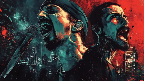 Dual screaming vocalist portrait unites neon grit and urban chaos