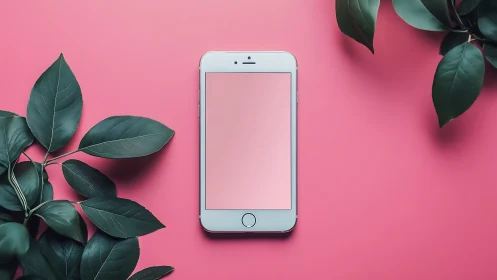 White iPhone on Pink Background with Dark Foliage.