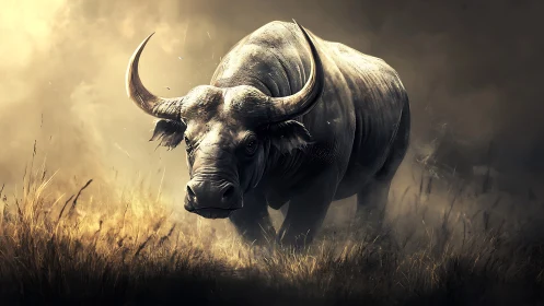 Powerful buffalo standing in misty grassland environment.