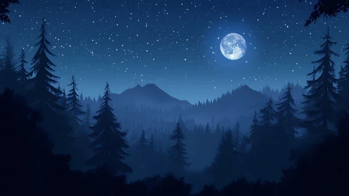 Moonlit mountain wilderness under starry night sky.
