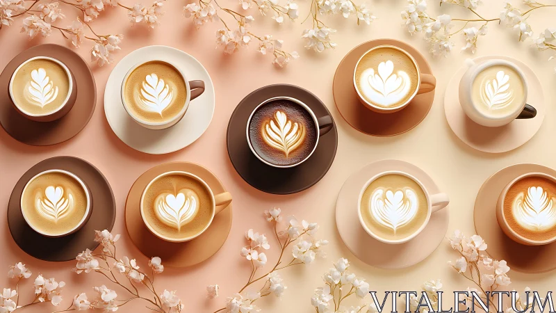 Assorted latte art cups arranged on pastel backgrounds.