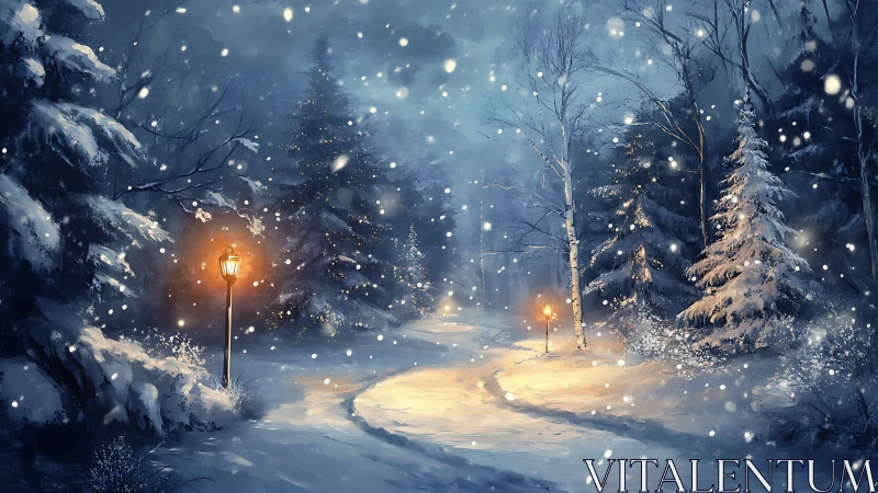 Snowlit lamppost path curling through midnight whispering pines.