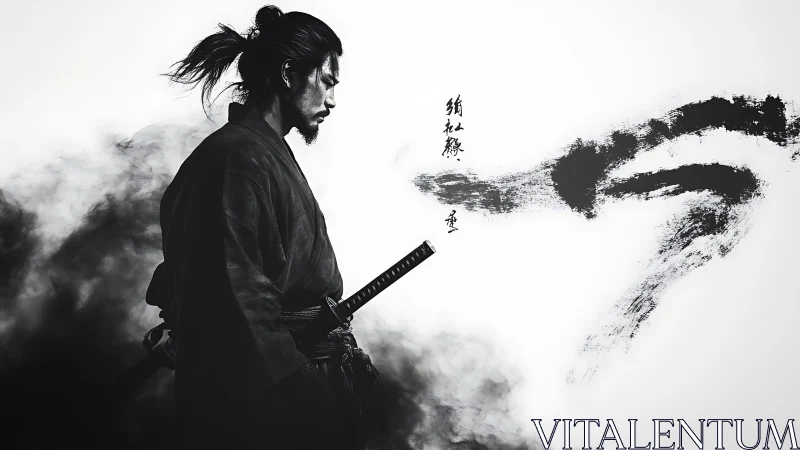 Monochrome samurai profile with sumi-e motion plume integration.
