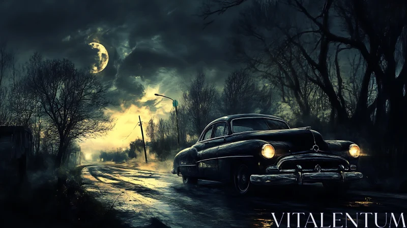 Midnight storm road crowns a lone vintage car in light