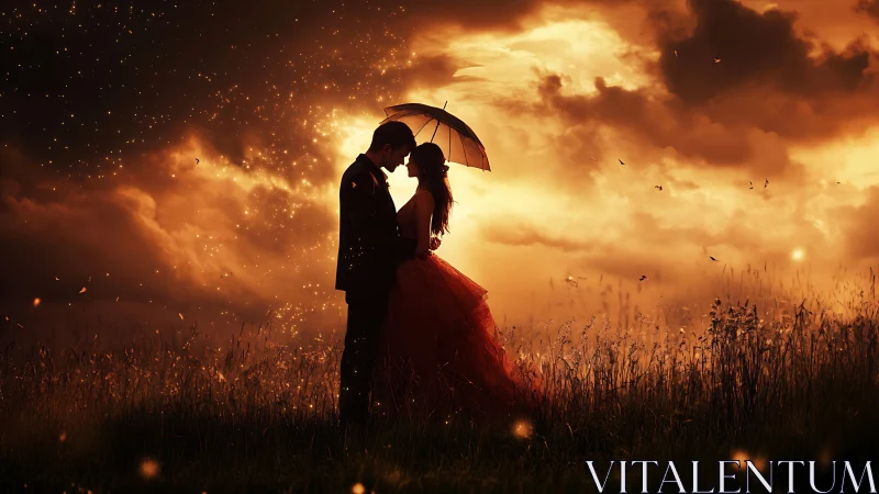 Silhouetted Couple Kissing in Golden Storm Field.