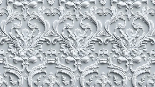 Ornate Baroque Floral Pattern in White Relief on Gray Background.