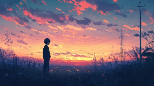 Silhouetted boy stands over city under vivid sunset sky.