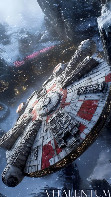 Angular starship descent through icy canyon in cinematic 3D