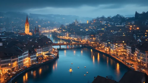 Calm European riverside city under blue dusk sky.