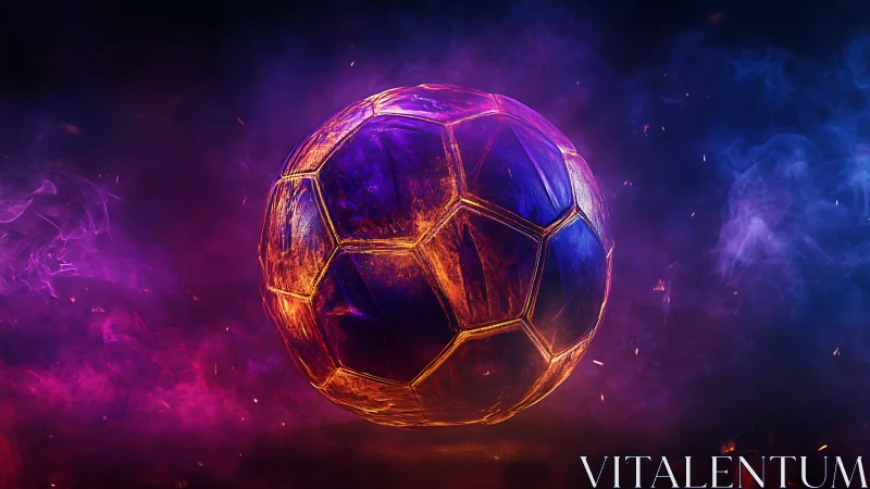 Glowing soccer ball radiates neon energy in swirling smoke.