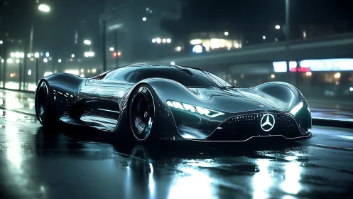 Futuristic Mercedes concept car on wet neon city street.