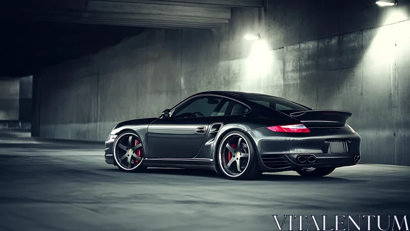 Sleek sports car rests under soft garage lights at night