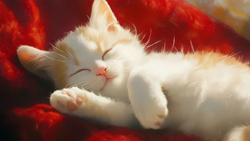 Serene White Cat Sleeping on Crimson Fabric Background.