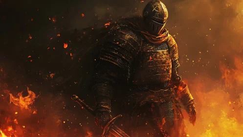 Armored knight advances through inferno with cinematic lighting