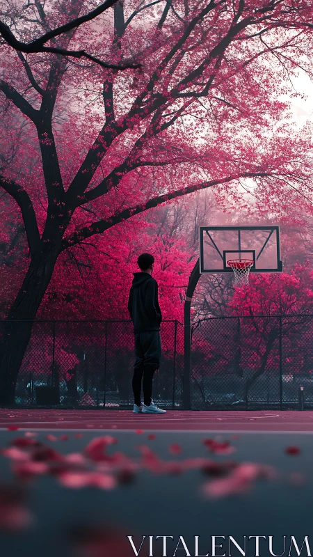 Solitary basketball player under magenta foliage canopy at dusk