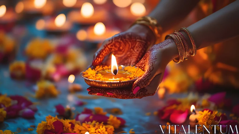 Henna-lit hands cradle a ceremonial Diwali diya in petals.