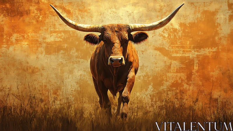 Longhorn bull stands centered against textured orange backdrop