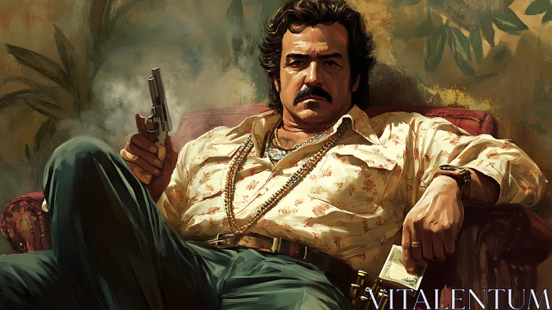 Commanding gunman reclining in smoky vintage interior.