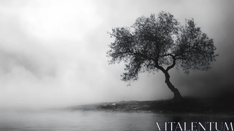 Solitary riverside tree leans into a silver sleeve of fog