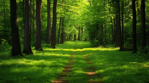 Sunlit forest path with lush greenery in tranquil natural landscape.