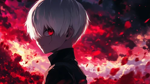 White haired anime boy with red eye in burning sky