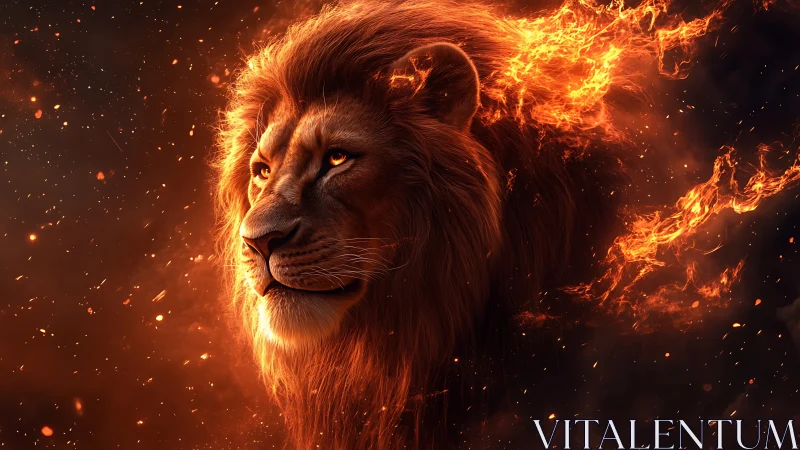 Lion head portrait enveloped in flowing orange flames.