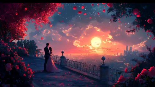 Digital rendering depicting two figures at railing overlooking urban landscape at sunset