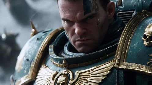 Armored sci fi warrior portrait in cinematic 3D close-up.