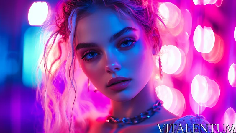 Portrait of woman under neon magenta and cyan lighting.