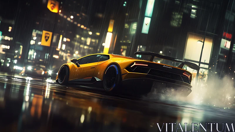 Yellow supercar drifting hard on wet neon city street at night.