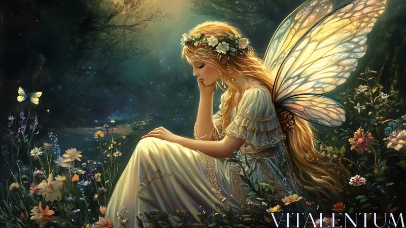 Moonlit meadow fairy in luminous wings at rest.