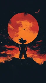 Silhouetted warrior stands before huge red sun at dusk