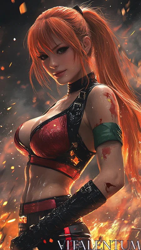 Fiery redheaded warrior in tactical armor amid sparks.