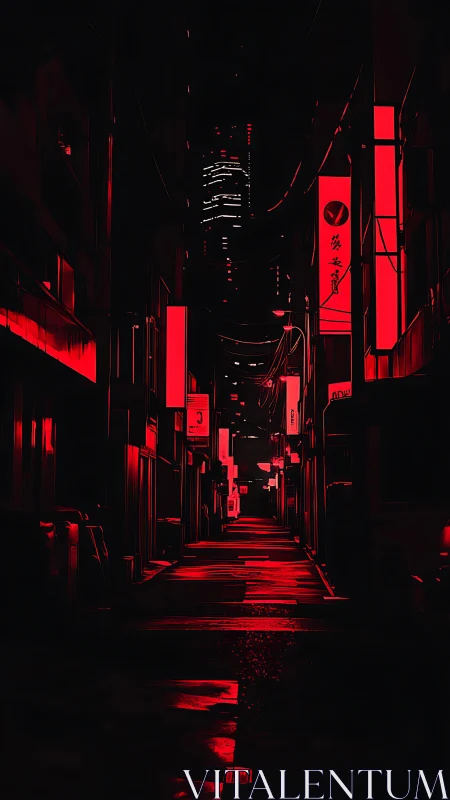 Red neon alleyway frames distant skyscraper at night