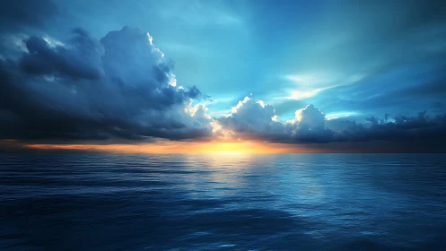 Sunset illuminates distant horizon across calm open sea