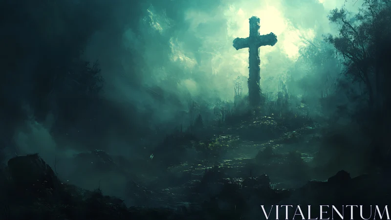 Mossy stone cross rising in misty forest clearing at dawn.