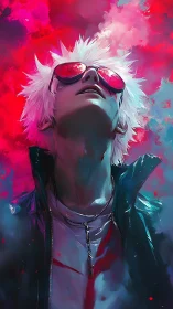 Cool rebel in neon clouds and mirrored pink shades.