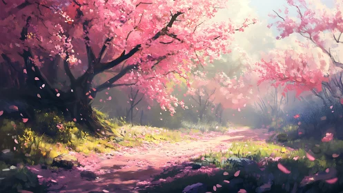 Sunlit cherry blossom path glows with gentle spring warmth