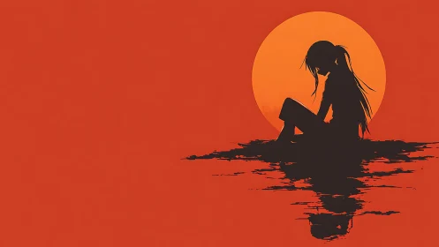 Silhouetted girl in reflective solitude beneath scarlet sun.