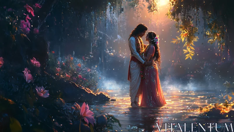 Couple in Enchanted Garden at Sunset.