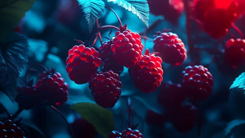 Clustered raspberries hang amid high-contrast colored foliage