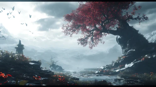 Solitary red tree above misted river in mountain valley.