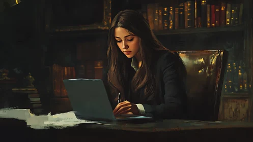 Businesswoman Working Late at Night Office Desk.