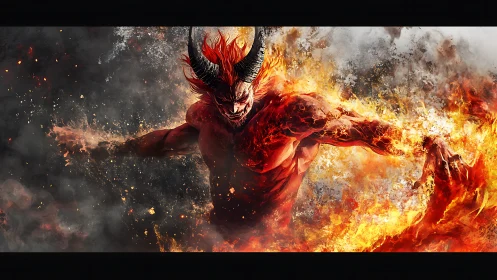 Infernal horned demon emerging from turbulent volumetric flames