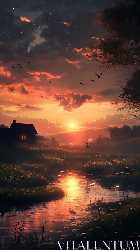 Soft dusk over riverside meadow and cozy lantern home.